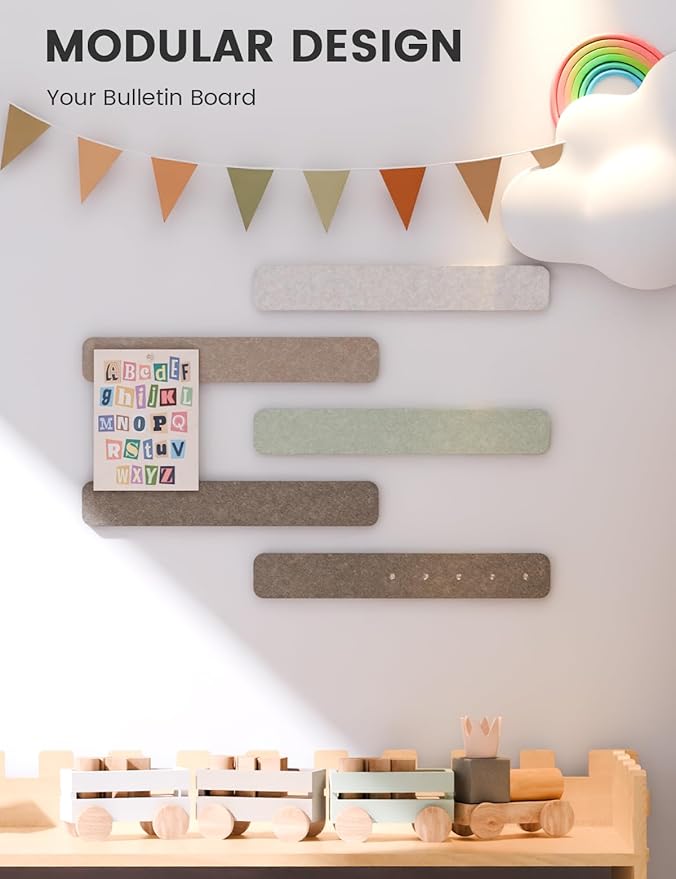 Fluxynara Cork Board Alternative Felt Strip Board 5-Pack 13"x2", Office Pin Board with 35 Push Pins, Adhesive Install for Bedroom Door & Home Office(Linen Dusk)