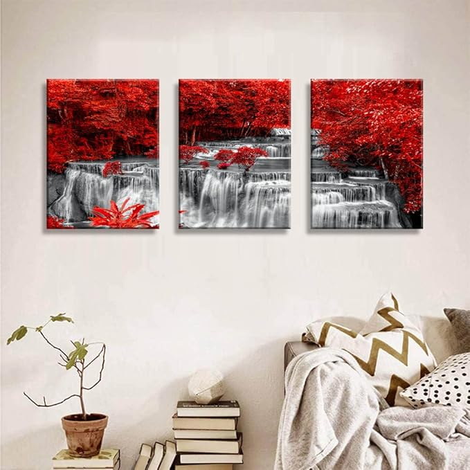 Yxbhhym Black White and Red Waterfall Canvas Wall Art Trees Forest Painting Landscape Artwork for Wall Picture Waterfall Prints for Bedroom Living Room Decor Bathroom Wall Art-Framed