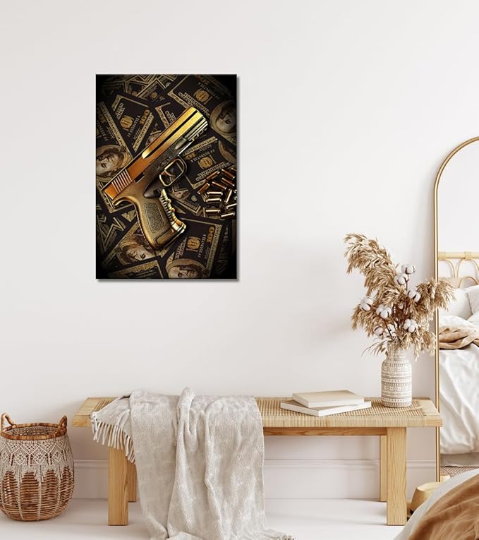 Real 100 Bill Dollar Cash Money Collection Gun Motivational Canvas Wall Art Money Killer Poster Print for Office Home Decor 12x16in