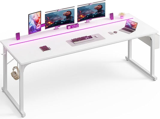 71 Inch Computer Desk with LED Lights, Office Desk for Home Office, Study Desk Writing Table with Storage Bag, Headphone Hook, White