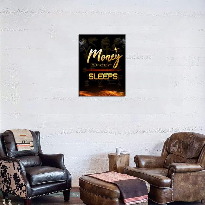 Modern Home Decor Motivational Poster Money Never Sleeps Black and White Inspiring Office Art Workplace Teamwork Artwork Wooden Framed Easy to Hang-24x36 inch