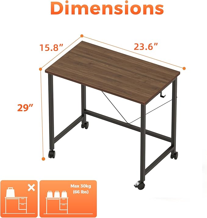 Mericonia 24 inch Rolling Computer Desk with Wheels, Gaming Desk for Small Spaces, Modern Simple Style Table for Home Office, Study Writing Table