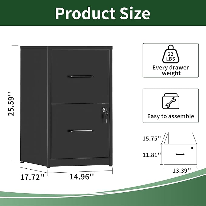 2 Drawer File Cabinet with Lock, Metal Vertical Filing Cabinet, File Cabinets for Home Office, Locking File Cabinet Hanging Files for A4/ Legal/Letter, Require Assembly, Black