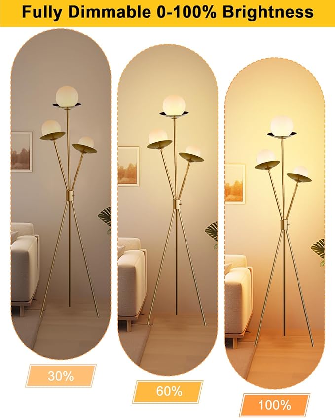 Lightdot Tripod Floor Lamp Dimmable Globe Floor Lamps with 3 LED Bulbs Included, 3000K Soft Warmwhite Modern Standing Lamps Gold Tall Lamp for Living Room/Bedroom/Sofa Beside/Corner Decor