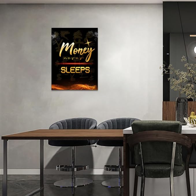 Modern Home Decor Motivational Poster Money Never Sleeps Black and White Inspiring Office Art Workplace Teamwork Artwork Wooden Framed Easy to Hang-24x36 inch
