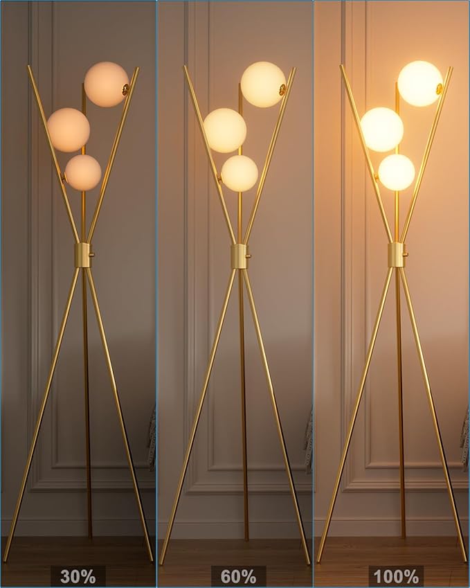 Lightdot Tripod Floor Lamp Stepless Dimmable Globe Modern Floor Lamp Gold Standing Lamps with Stable Base& 3PCS 3000K Bulbs Included Mid Century Floor Lamps for Living Room/Sofa Beside/Corner Decor