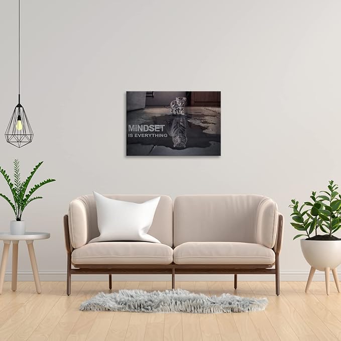 Motivational Canvas Wall Art Mindset is Everything Posters Prints Cat Big Tiger Inspirational Quote Painting for Office Bedroom Decor (12" W x 18" H)