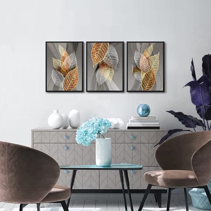 Black Framed Canvas Wall Art - 3 Piece Abstract Paintings of Leaves for Living Room, Kitchen, Bedroom & Modern Bathroom Decor