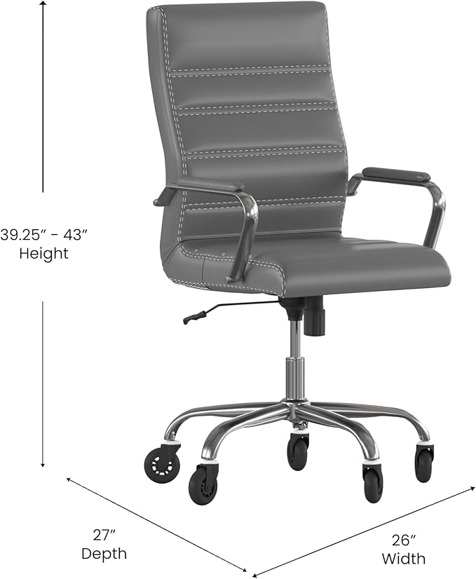 Flash Furniture Whitney High Back Gray LeatherSoft Executive Swivel Office Chair with Chrome Frame, Arms, and Transparent Roller Wheels