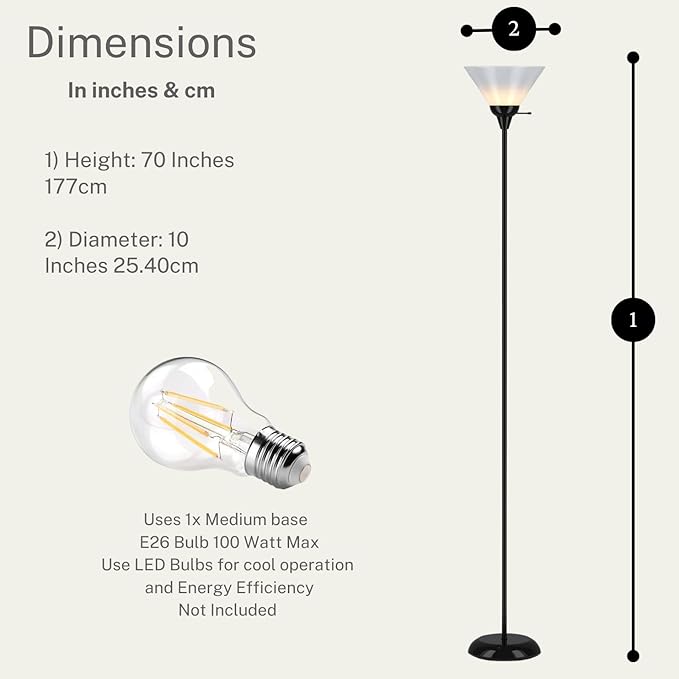 Mary Floor Lamp by Light Accents – Standing Lamp for Living Rooms – Torchiere Pole Light – LED-Compatible Floor Lamp – Modern Bedroom Lighting (Black)