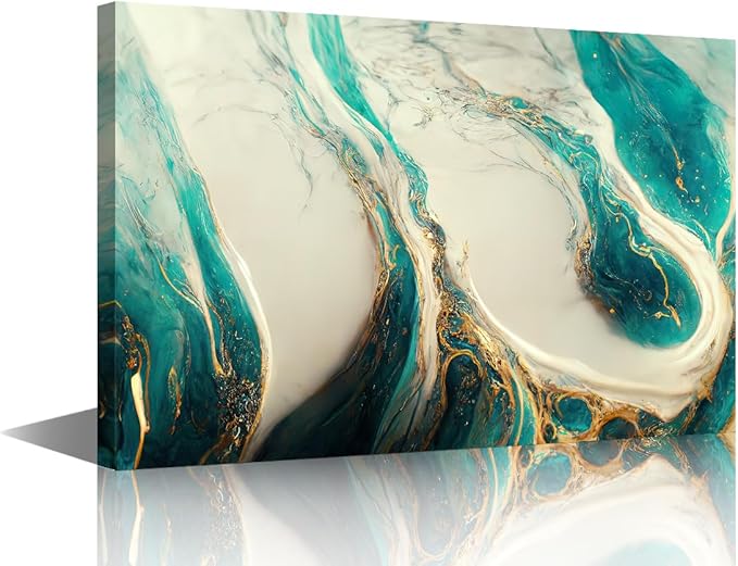 Abstract Wall Decor for Men 1 Panel Canvas Artwork Modern Gold and Teal Prints on Canvas Fashion Marble Texture Picture Printing for Bedroom Restaurant Corridor Office Wall Art Decoration 18x12 in