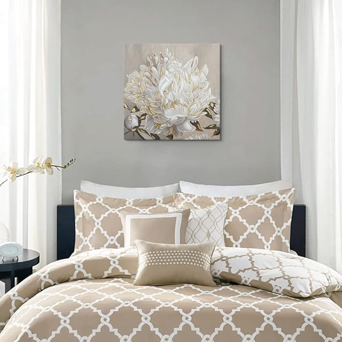 Goldfoilart Floral Wall Art White Blooming Flower Canvas Pictures Modern Paintings with Gold Foil Framed Artwork for Living Room Bathroom Bedroom Kitchen Office Wall Decor 24" x 24"
