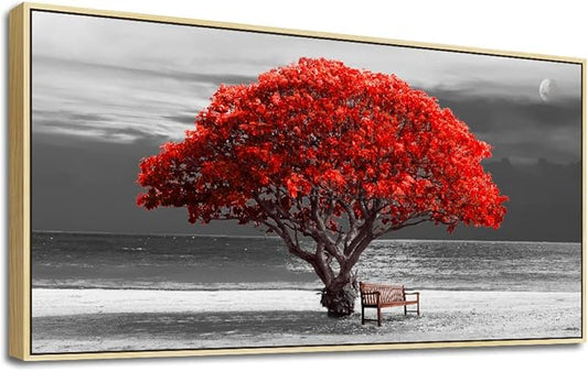 Framed Canvas Wall Art For Living Room Large Size Wall Decor For Bedroom Black White With Beach Wall Painting Moon Red Trees Canvas Pictures Artwork Boho Home Decorations Natural Wood Framed 24" X 48"