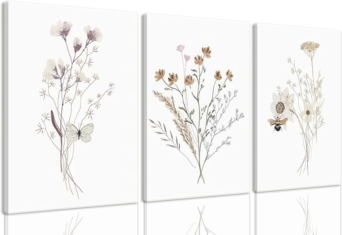 Bwodke Framed Wildflower Wall Art Butterfly Bee Botanical Floral Poster Canvas Prints Set of 3 Minimalist Nature Boho Pictures Vintage Farmhouse Decor Painting Bedroom Bathroom Living Room 12x16in