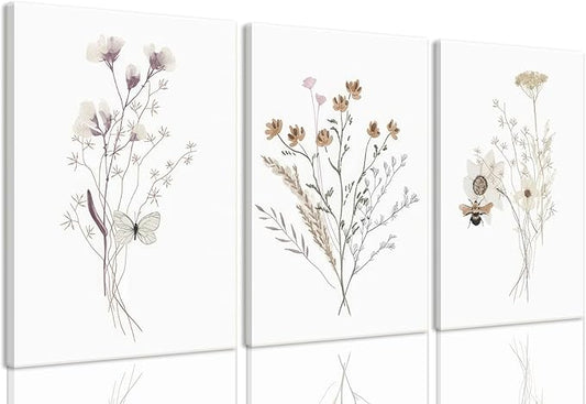 Bwodke Framed Wildflower Wall Art Butterfly Bee Botanical Floral Poster Canvas Prints Set of 3 Minimalist Nature Boho Pictures Vintage Farmhouse Decor Painting Bedroom Bathroom Living Room 12x16in