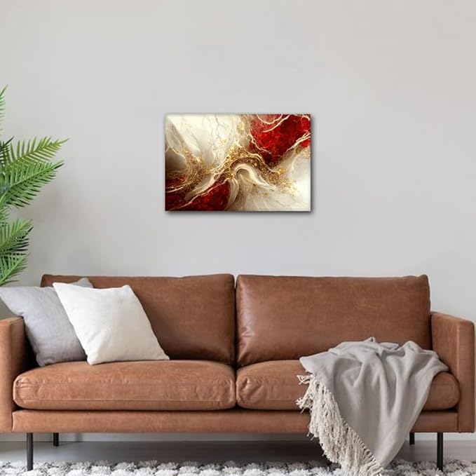 1 Panel Canvas Wall Art for Bedroom Decor - Abstract Marble Background Picture Red and Gold Colors Poster Print for Men Lady Living Room - Stretched Ready to Hang 18x12 in