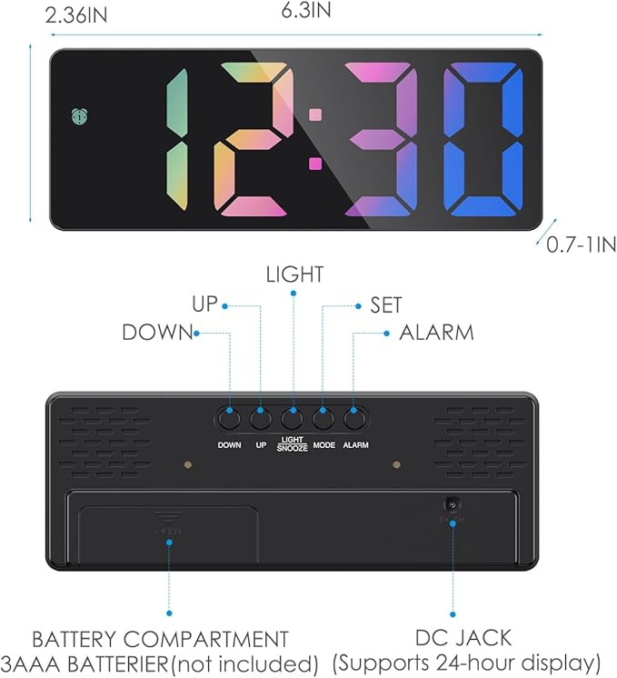 AMIR Upgraded Digital Alarm Clocks for Bedrooms, LED Digital Clock with Dual Power Supply, 12/24H, Dimmable,DST,Snooze,Desk Clock for Home Office School