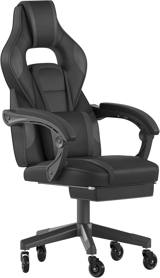 Flash Furniture X40 Gaming Chair Racing Computer Chair with Fully Reclining Back/Arms and Transparent Roller Wheels, Slide-Out Footrest, - Black/Gray