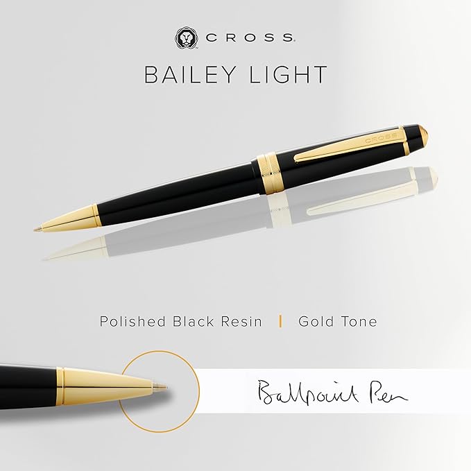 Cross Bailey Light Polished Black Resin and Gold Tone Ballpoint Pen - Professional Pen for Effortless Writing - Journaling, Note-Taking & More - Black Ink - Easy Handling - Includes Gift Box