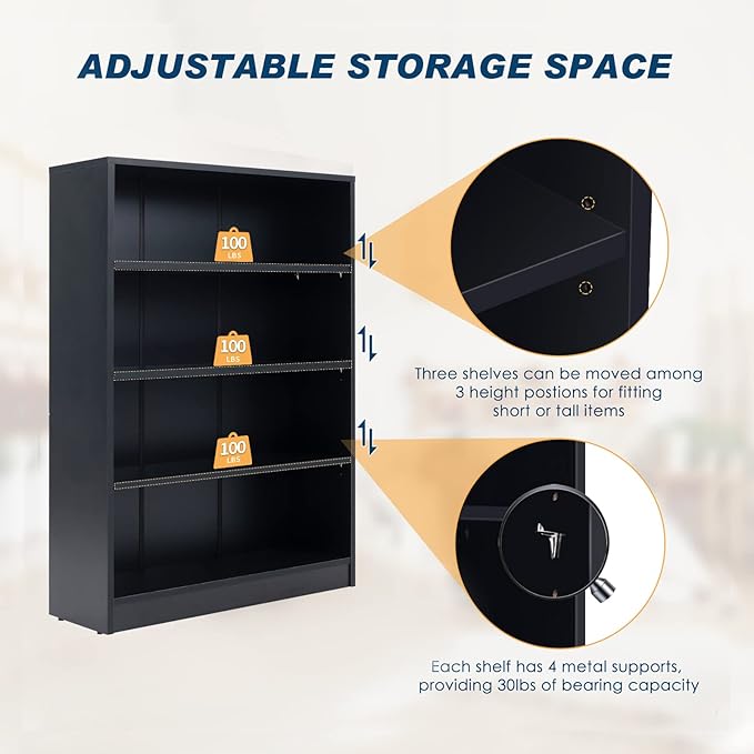 Farini Black Bookshelf for Bedroom 4 Shelf Office Bookcase 48 Inches Tall Modern Wood Bookshelf for Living Room 4 Tier Wide Manga Books