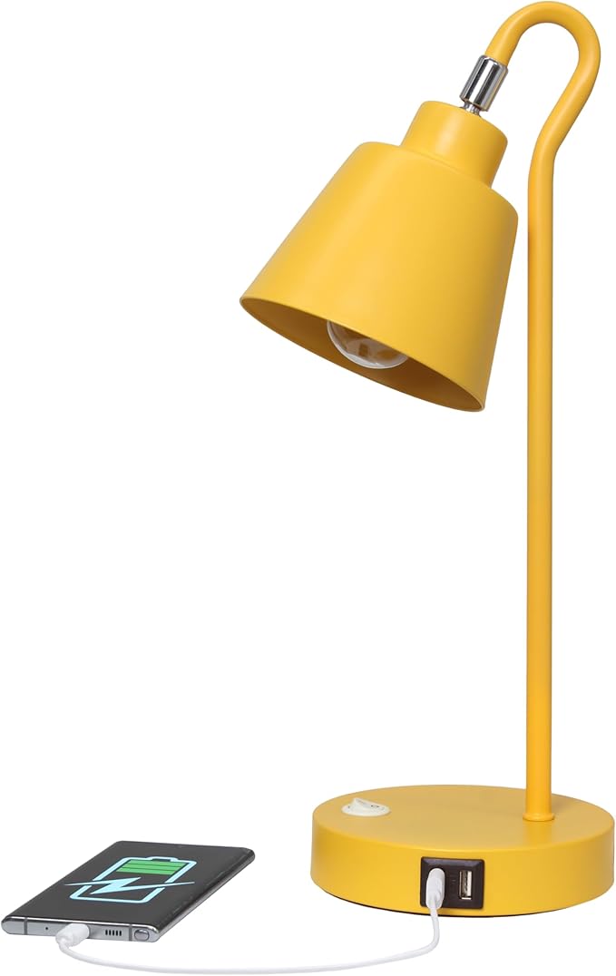 Simple Designs LD1073-YLW 16" Sleek Essentials Metal Looped Desk Task Lamp with Adjustable Shade and Dual USB Ports, for Office, Desk, Nightstand, Yellow