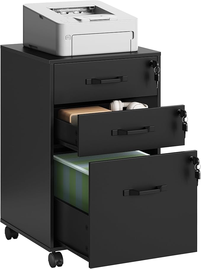 VASAGLE Mobile File Cabinet, 3 Drawers Filing Cabinet with Wheels, for Home Office, for A4, Letter Sized Documents, Adjustable Hanging Rail for File Folders, Lockable, Ink Black UOFC084BC01S