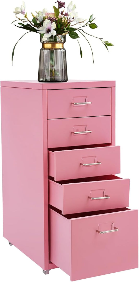 Metal File Storage Cabinet, 5 Drawer Vertical Filing Cabinets with Wheels Under Desk Storage Drawers, 11 * 16.1 * 27.1in Mobile File Cabinets Under Desk Cabinet for Bedroom, Office (Pink)