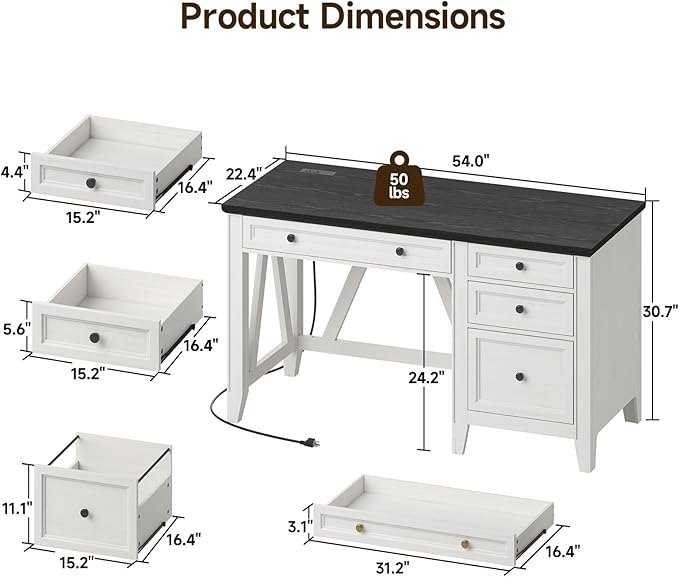 ONBRILL 54 Inch Farmhouse Executive Desk, Computer Desk with Storage Drawers & File Drawer, Modern Home Office Desk with Charging Station for Working, Studying, Writing, Brown (White)