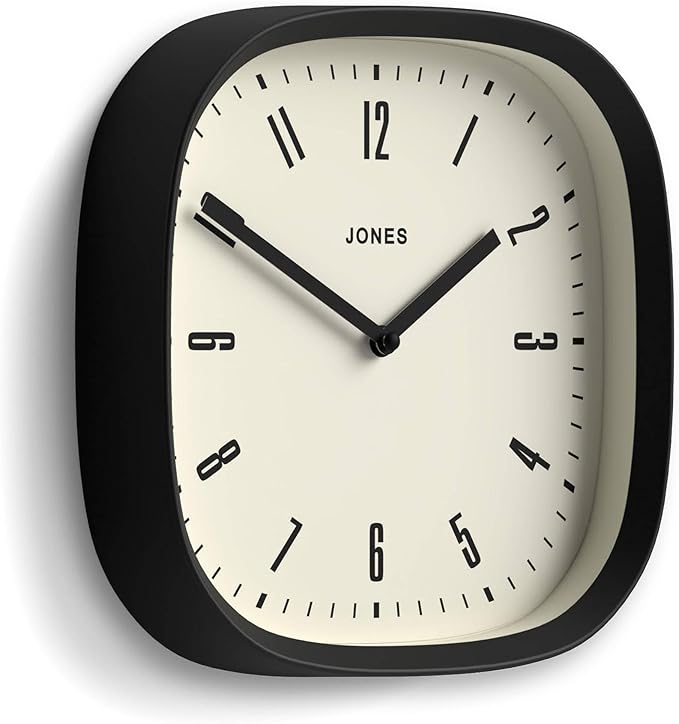 JONES CLOCKS® Marvel wall Clock | Modern Retro Rounded Square Clock | 10 inch | Black | Cool Designer Look for Kitchen, Living Room or Office