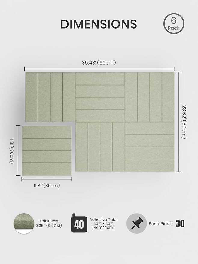 Bumusty Large Cork Board Alternative-36 x 24" Felt Bulletin Board Tiles, with 30 Pushpins, 40 Adhesive Tabs, 6-Pack Slat Wall Paneling, Cork Boards for Office Push Pin Board Felt Board-Sage