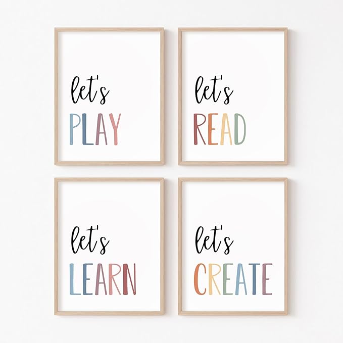 Youillne Playroom Kids Wall Art Decor Read Play Sign Classroom Children Wall Art Nursery Canvas Pictures Baby Girl Reading Posters Kids Artwork for 8x10 Inches Unframed Set of 4