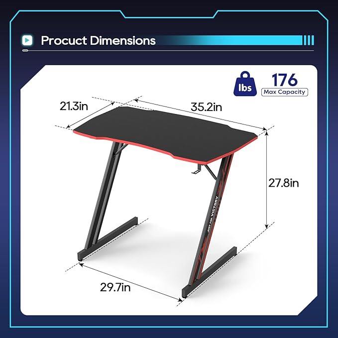 BestOffice Gmaing Desk 35 in PC Computer Desk Z Shaped Gaming Workstation Ergonomic Gaming Table with Headphone Hook for Home Office,Black&Red