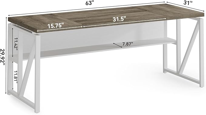 LITTLE TREE 63-Inch Executive Office Desk, Large Computer Desk with Storage Shelf, Executive Desk with Metal Frame, Thickened Desktop, Study Writing Desk Work Station for Home Office, Grey + White