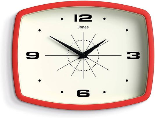 JONES CLOCKS® Movie Wall Clock | Rectangular Retro Clock | 25cm | Red | Cool mid-Century Designer Look for Kitchen, Living Room or Office