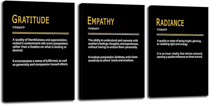 WYJDFART 3 Pieces GRATITUDE EMPATHY RADIANCE A Positive Emotional Chain Inspirational Quotes Posers Motivational Wall Decor for Office Home Bedroom Workplace Framed Ready to Hang [60''Wx 28''H]