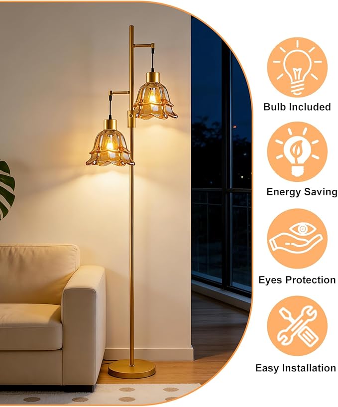 2-Light Gold Dimmable Floor Lamp for Living Room, 65IN Tall Standing Lamps with Brown Glass Lampshade, 3000K Warmwhite Mid Century Modern Floor Lamp for Bedroom/Sofa Beside/Corner Decor