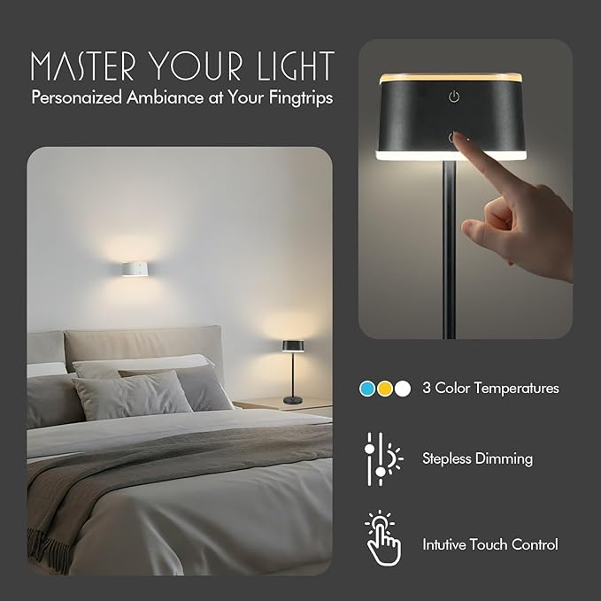 2 Pack Cordless Table Lamps, Rechargeable Touch Lamps for Nightstand & Dining Table, 3 Color Temps 3000K-6500K, Dimmable, Dual-Tone Design, USB-C Portable Bedside Lights, Set of 2, Black & White