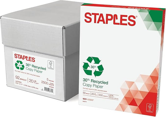 Staples 30% 8.5 x 11-Inch Copy Paper, 20 lbs., 92 Brightness, 500 Sheets/Ream, 5-Ream/Carton