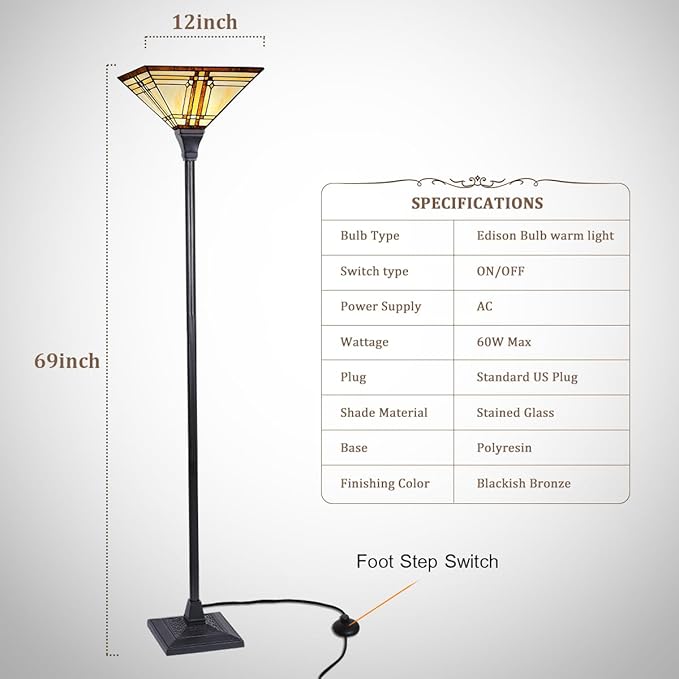 Capulina Tiffany Lamp Stained Glass Torchiere Floor Lamp 69 Inches Tall Industrial Pole Cream Color Mission Tiffany Style Standing Floor Lamp for Home Office Living Room Bedroom