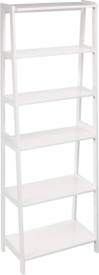 Amazon Basics 5-Tier Sturdy Rubberwood Ladder Bookshelf, Freestanding Storage Organizer Bookcase, Display Shelf for Small Space, White, 25.98" W x 74.48" H x 15.03" D