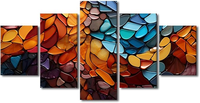 Modern Wall Art Colorful Abstract Canvas Wall Art Decor Mosaic Style Pattern Prints on Canvas 5 Panel Canvas Poster Art for Men Lady Living Room Decoration Stretched Ready to Hang 60x32 in