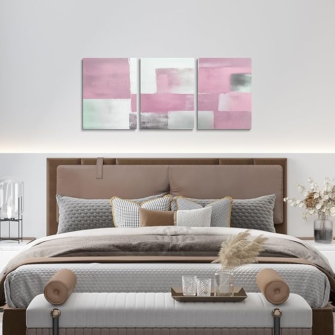 jejeloiu Modern Art 3 Piece Canvas Wall Art for Living Room Bedroom Abstract Art Picture Wall Decor 12"x16"x3pcs Pink Abstract Oil Painting Office Decorations Artwork Posters