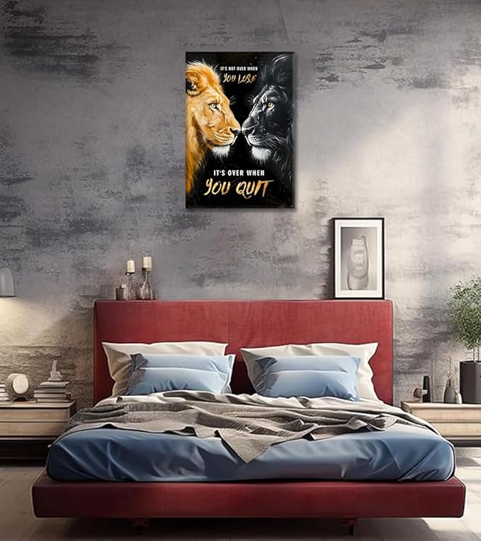 Inspirational Black and Gold Lion Wall Art - It's Not Over When You Lose, It's Over When You Quit Quotes Wall Decor Motivational Animal Poster for Office Home Man's Room, Framed 24"x36"