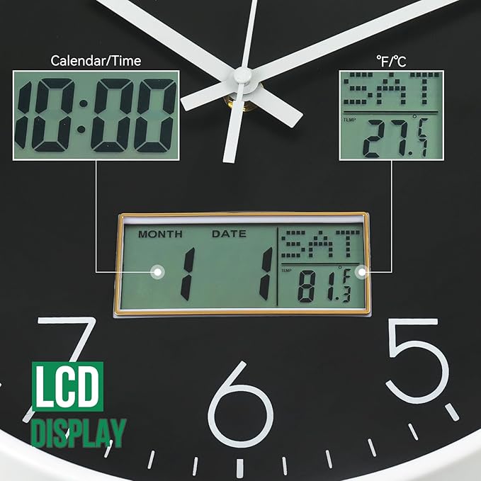 Wall Clock with LCD Display Non-Ticking Silent Quartz Movement Decor Clock with Perpetual Calendar and Temperature Modern Style Round Wall Clocks for Office/Living Room/Bedroom(Black, 12inch)