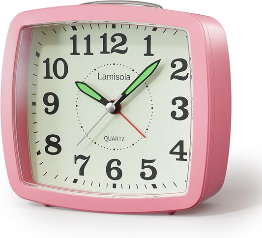 Battery Analog Travel Alarm Clock, Small Clock for Bedroom, Desk Table Shelf Clocks for Room Office Bathroom Vanity, Aesthetic Retro Clocks for Kids Girls, Pink