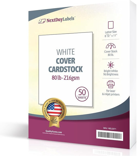 NextDayLabels 80 lb White Cardstock - 50 Pack of 8.5" x 11" Card Stock Paper - Heavyweight 216 gsm White Cardstock Paper for Printing, Invitations, School Projects, and Office Use - Made in USA