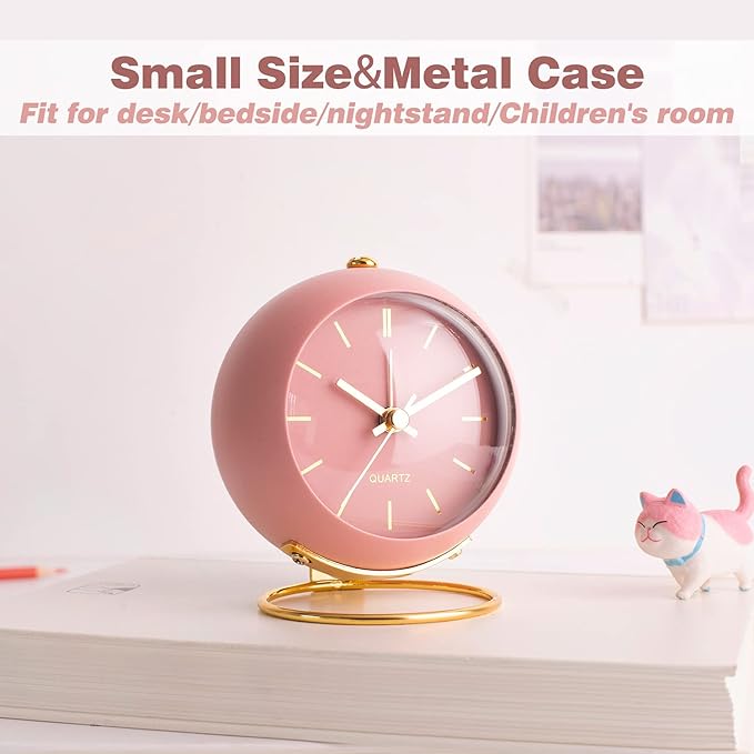AYRELY® Battery Operated Desk Alarm Clocks with Light,Retro Silent No Ticking Analog Small Clock,Loud Table Clock for Bedside/Bedroom/Kitchen/Office/Travel/Kids/Room Decor Aesthetic Vintage(Pink)