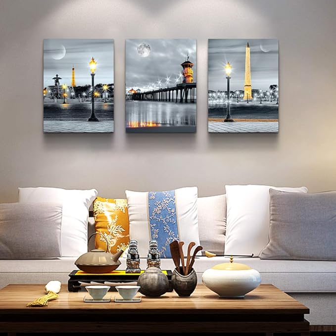 Lapremoly Framed Canvas Wall Art for Living Room Modern Large Wall Decor for Bathroom Family Bedroom Wall Decorations Night View Paintings Kitchen Canvas Art Hang Pictures Artwork 3 Pieces Poster