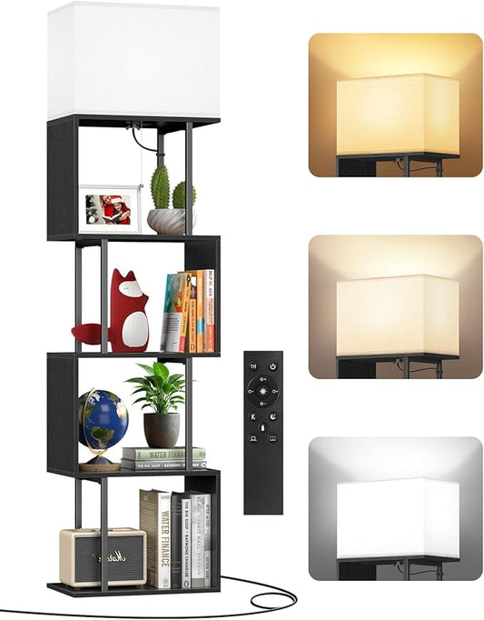 5-Tier Floor Lamp with Shelves & Remote, Dimmable S-Shaped Bookshelf with 3 Color Temperature, 1-Hour Timer, Tall Corner Standing Lamp for Living Room, Bedroom, Office (Black)