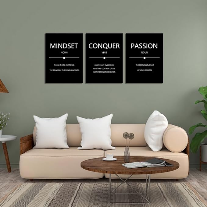 Unbruvo Motivational Wall Decor for Office, 3 Pieces Inspirational Canvas Wall Art, Mindset Passion Conquer Canvas Poster, Positive Quotes for Entrepreneur Meeting Room Lobby Bedroom(48''Wx 24''H)